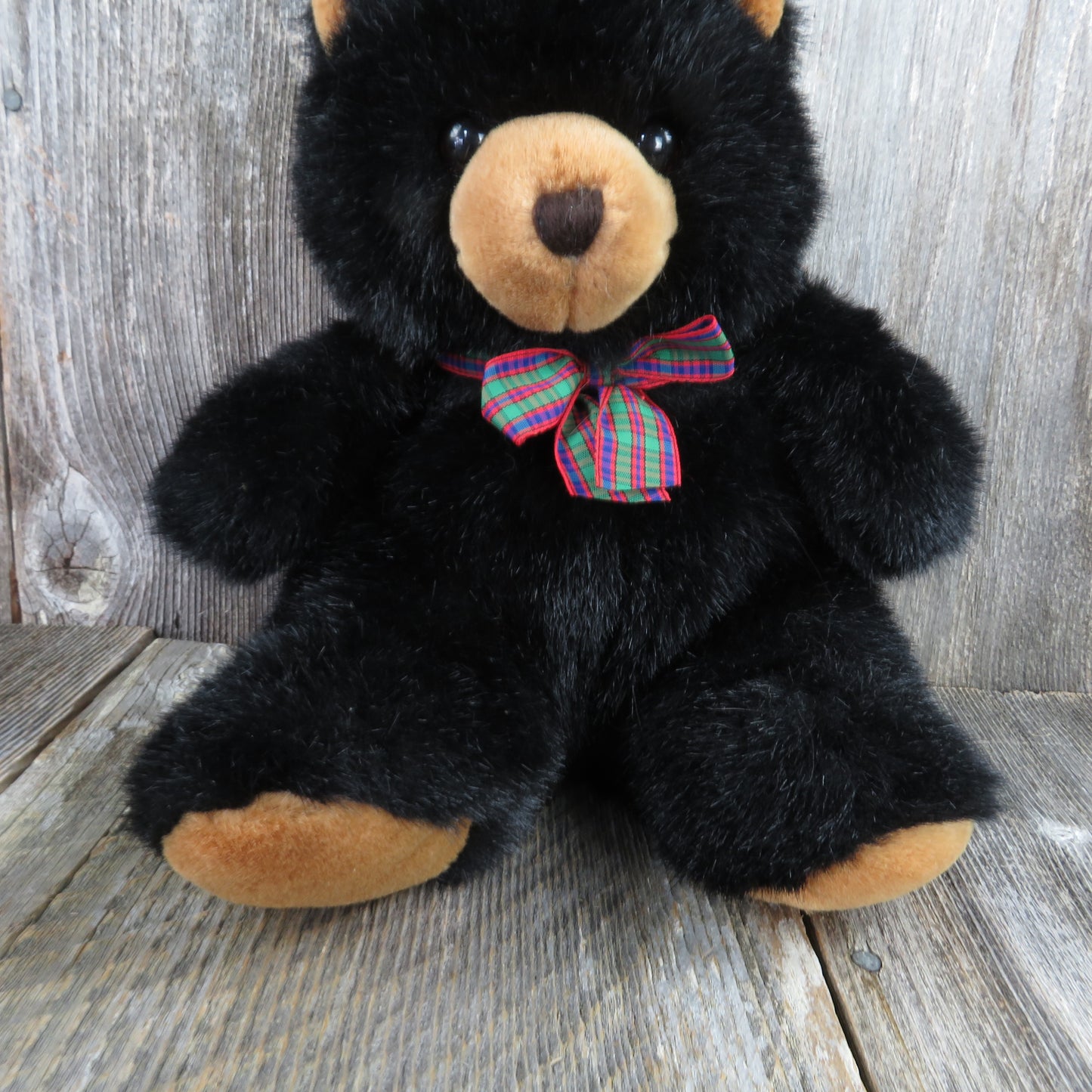Vintage Black Teddy Bear Plush Playful Pals Brown Nose Feet Stuffed Animal Plaid Bow Mervyns 11 inches - At Grandma's Table