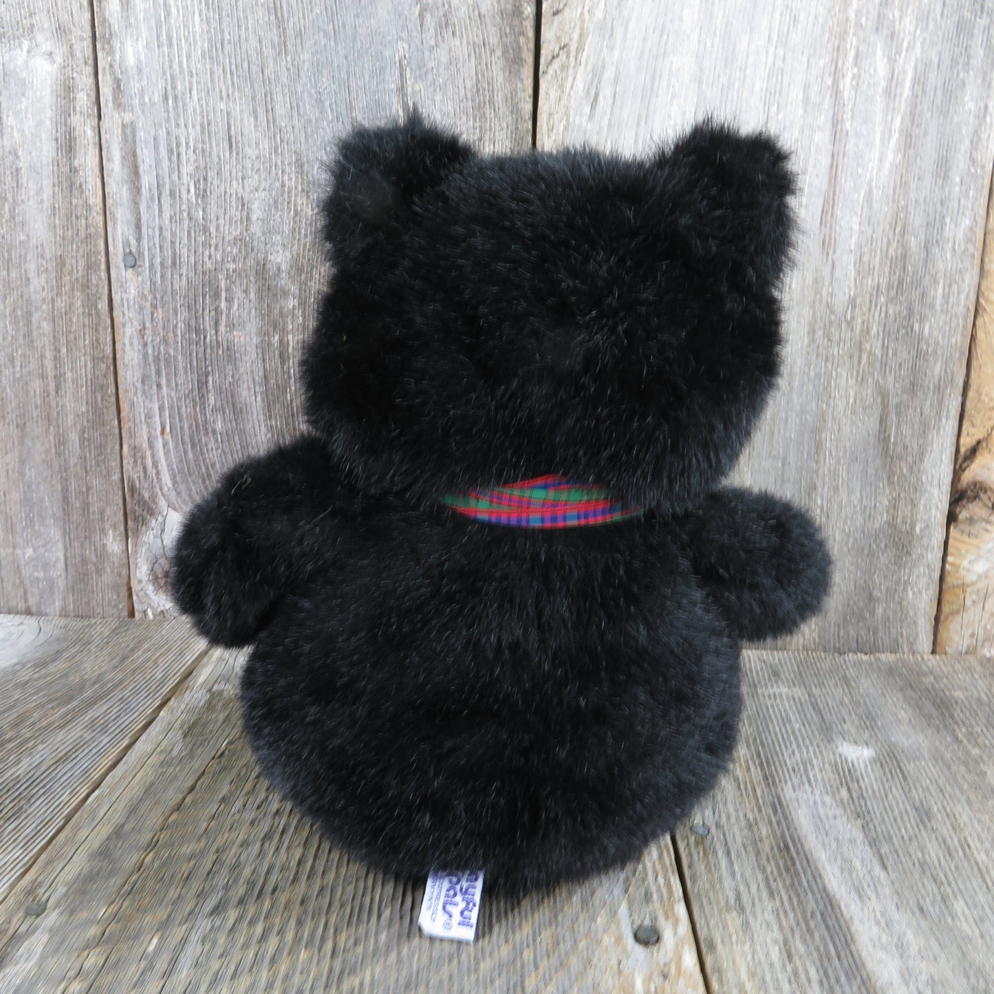 Vintage Black Teddy Bear Plush Playful Pals Brown Nose Feet Stuffed Animal Plaid Bow Mervyns 11 inches - At Grandma's Table