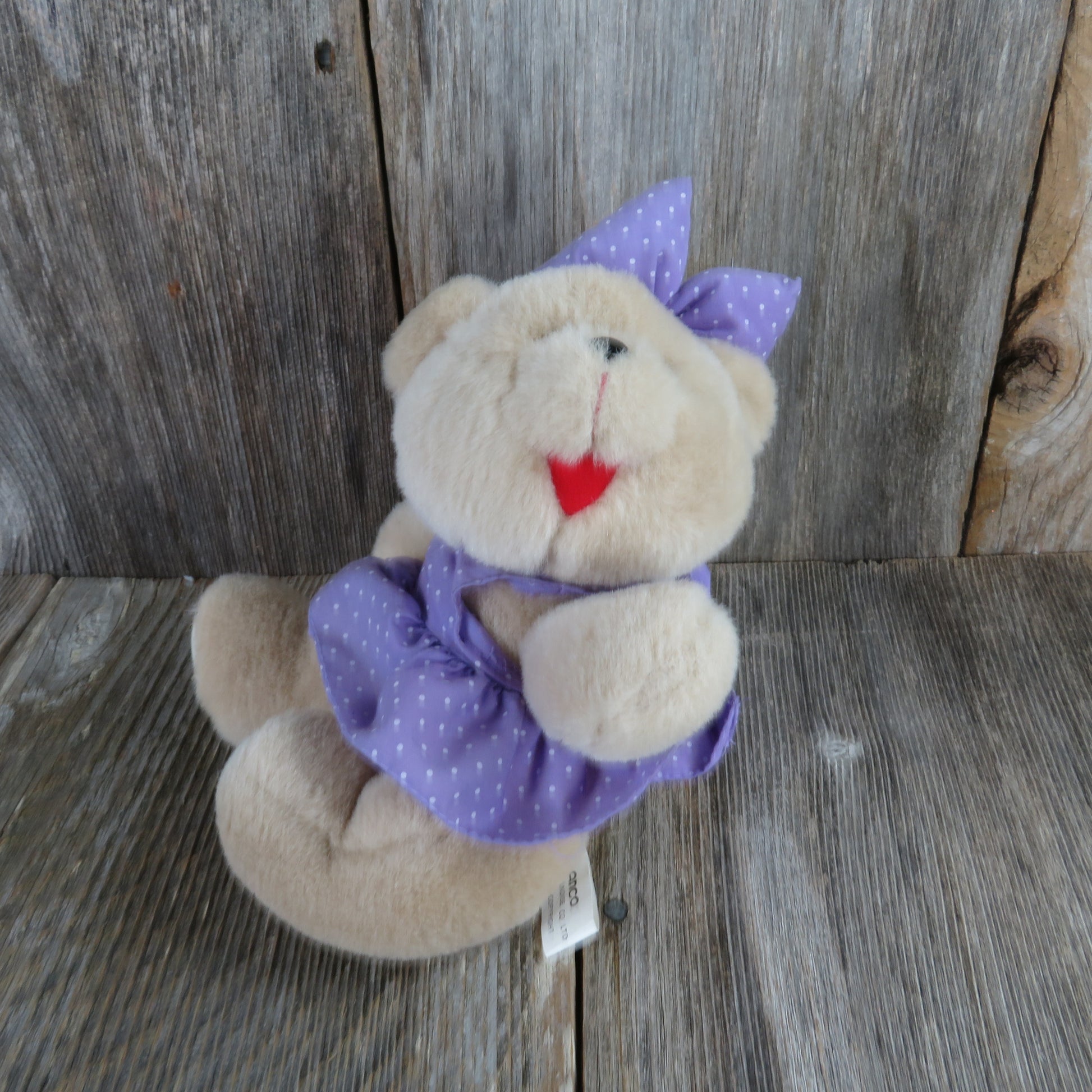 Vintage Teddy Bear Plush Loving Touch Girl Purple Puffy Bow Anco 1994 Polka Dot Dress Smile - At Grandma's Table