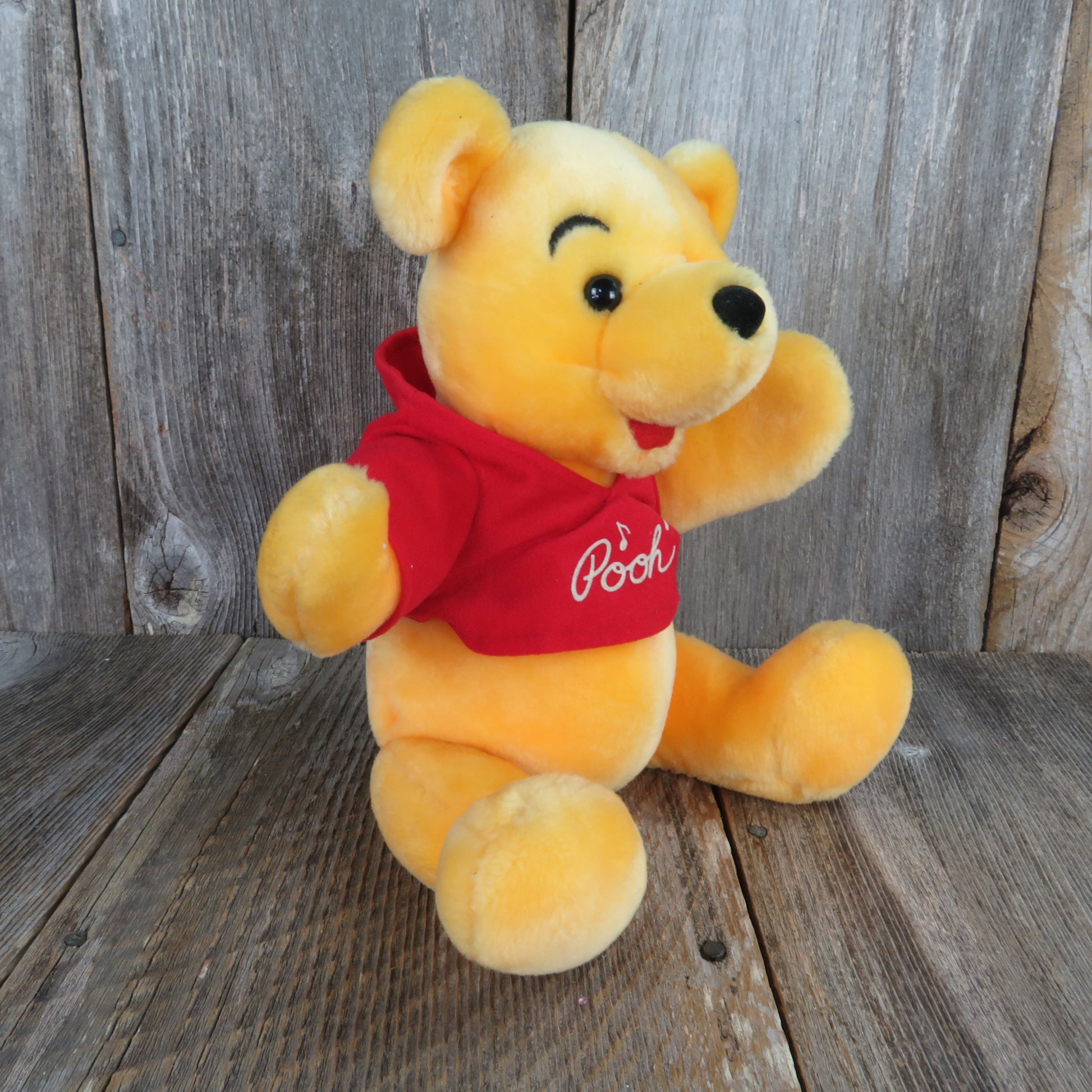 Vintage Winnie the Pooh Plush Musical Jointed Stuffed Animal Disney Store Yellow Red Shirt - At Grandma's Table