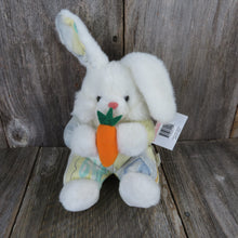 Load image into Gallery viewer, Vintage Bunny Rabbit Plush White Stuffed Easter Yellow Blue Carrot Fabric Body Lucky Toys Korea - At Grandma&#39;s Table