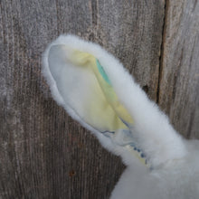 Load image into Gallery viewer, Vintage Bunny Rabbit Plush White Stuffed Easter Yellow Blue Carrot Fabric Body Lucky Toys Korea - At Grandma&#39;s Table