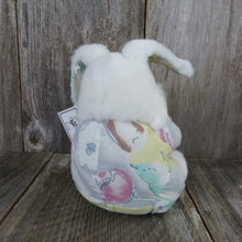 Load image into Gallery viewer, Vintage Bunny Rabbit Plush White Stuffed Easter Yellow Blue Carrot Fabric Body Lucky Toys Korea - At Grandma&#39;s Table