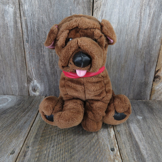 Vintage Dog Shar Pei Puppy Plush Brown Stuffed Animal Wrinkles Play by Play Tongue Red Collar - At Grandma's Table