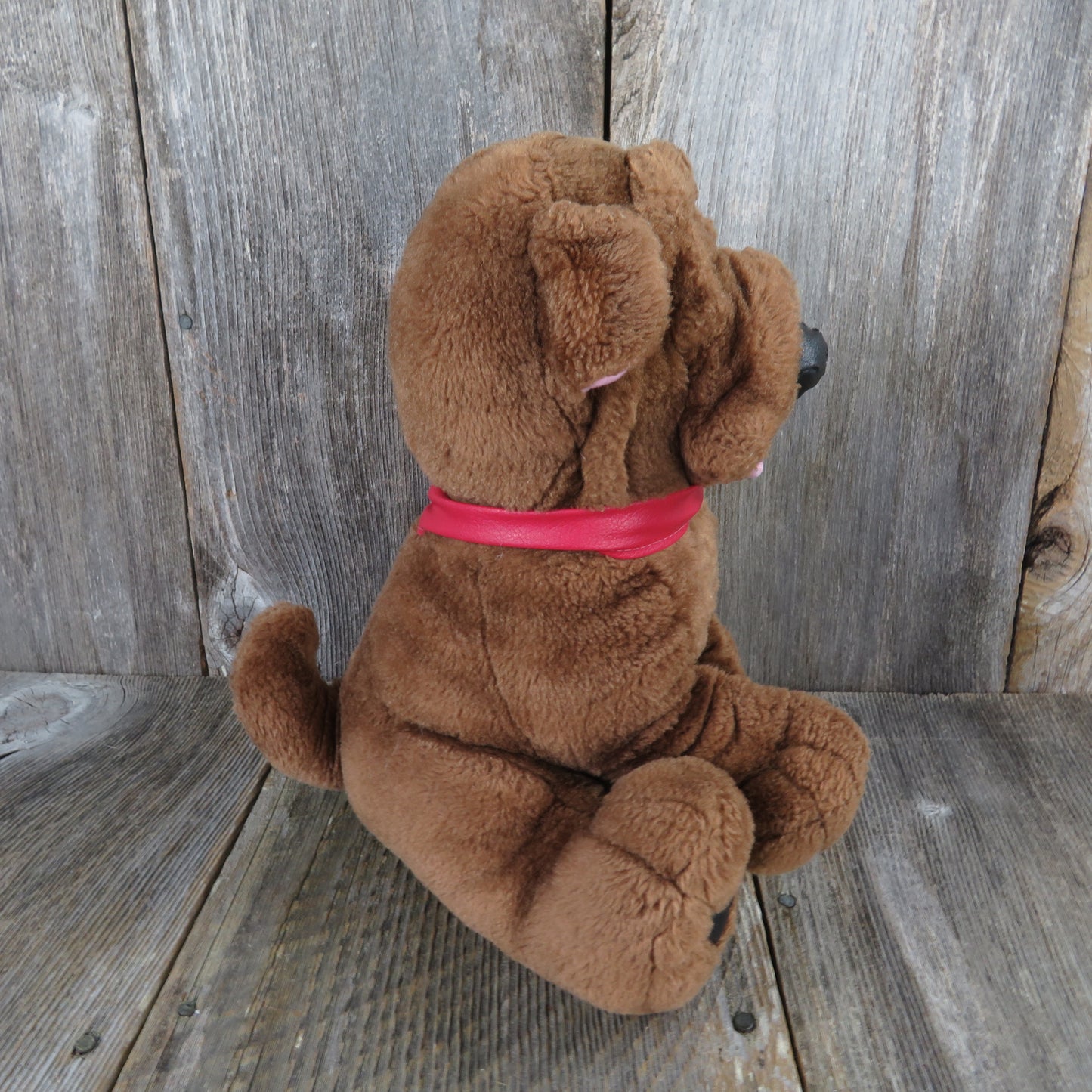 Vintage Dog Shar Pei Puppy Plush Brown Stuffed Animal Wrinkles Play by Play Tongue Red Collar - At Grandma's Table