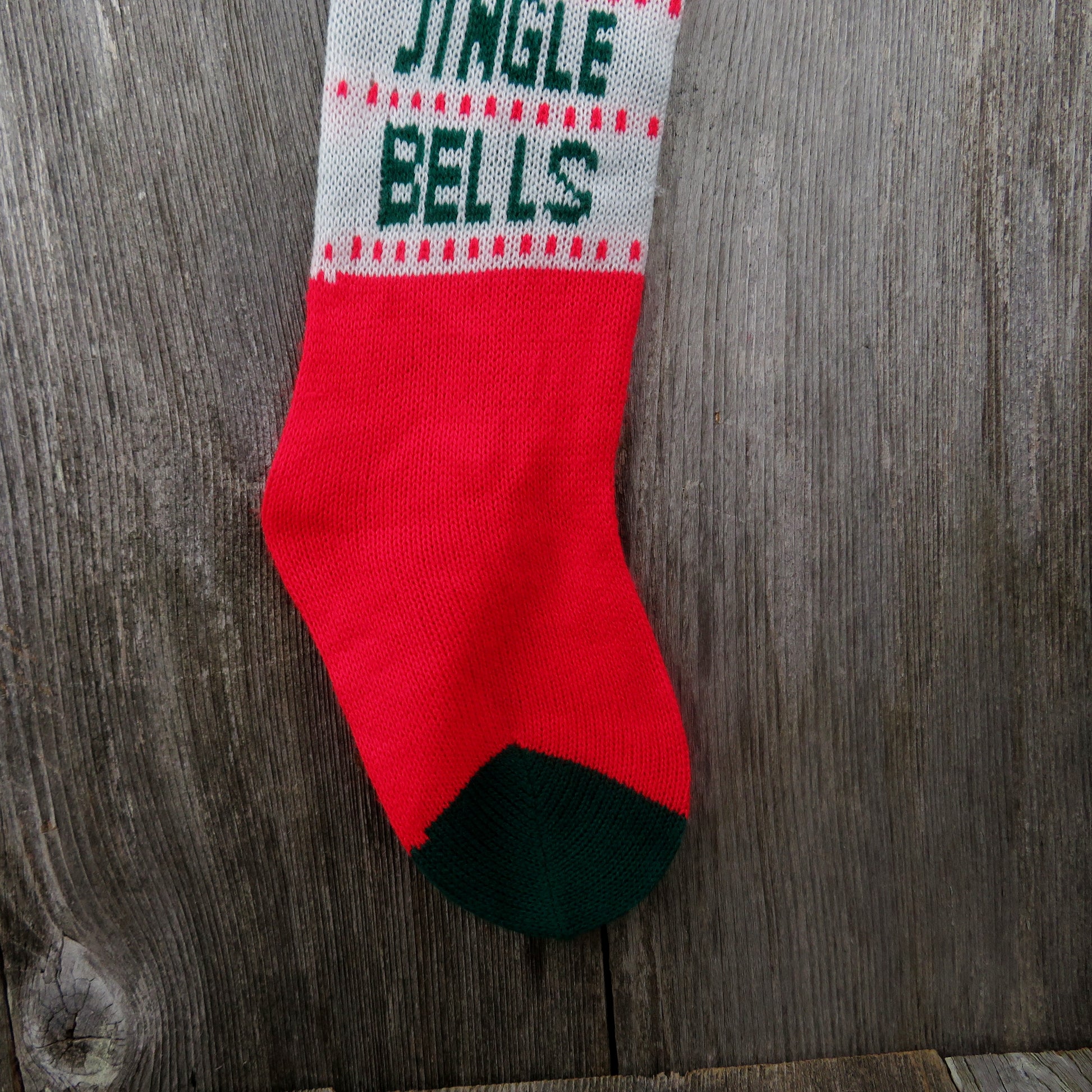Christmas Stocking Knitted Knit Jingle Bells Music Notes Red Green Vtg 1980s s10 - At Grandma's Table