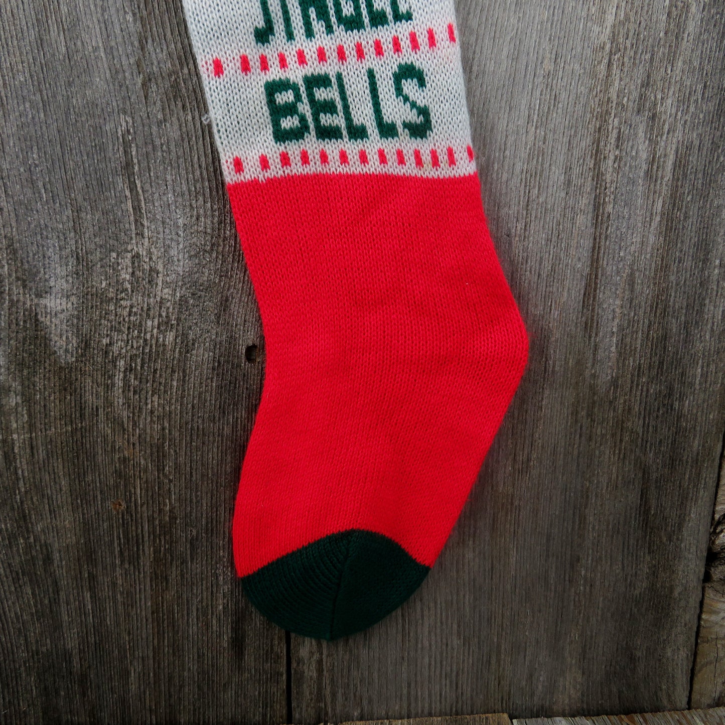 Christmas Stocking Knitted Knit Jingle Bells Music Notes Red Green Vtg 1980s s10 - At Grandma's Table