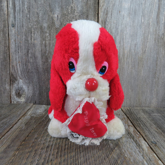 Vintage Puppy Dog Plush Red White Sad Basset Hound Valentines Heart Pup Stuffed Animal Puppy Love - At Grandma's Table