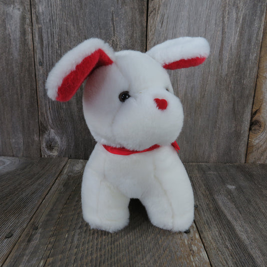 Vintage White Dog Puppy Plush Heart Shaped Flocked Nose Red Ears Mervyn's Playful Plush Red Bow Korea - At Grandma's Table