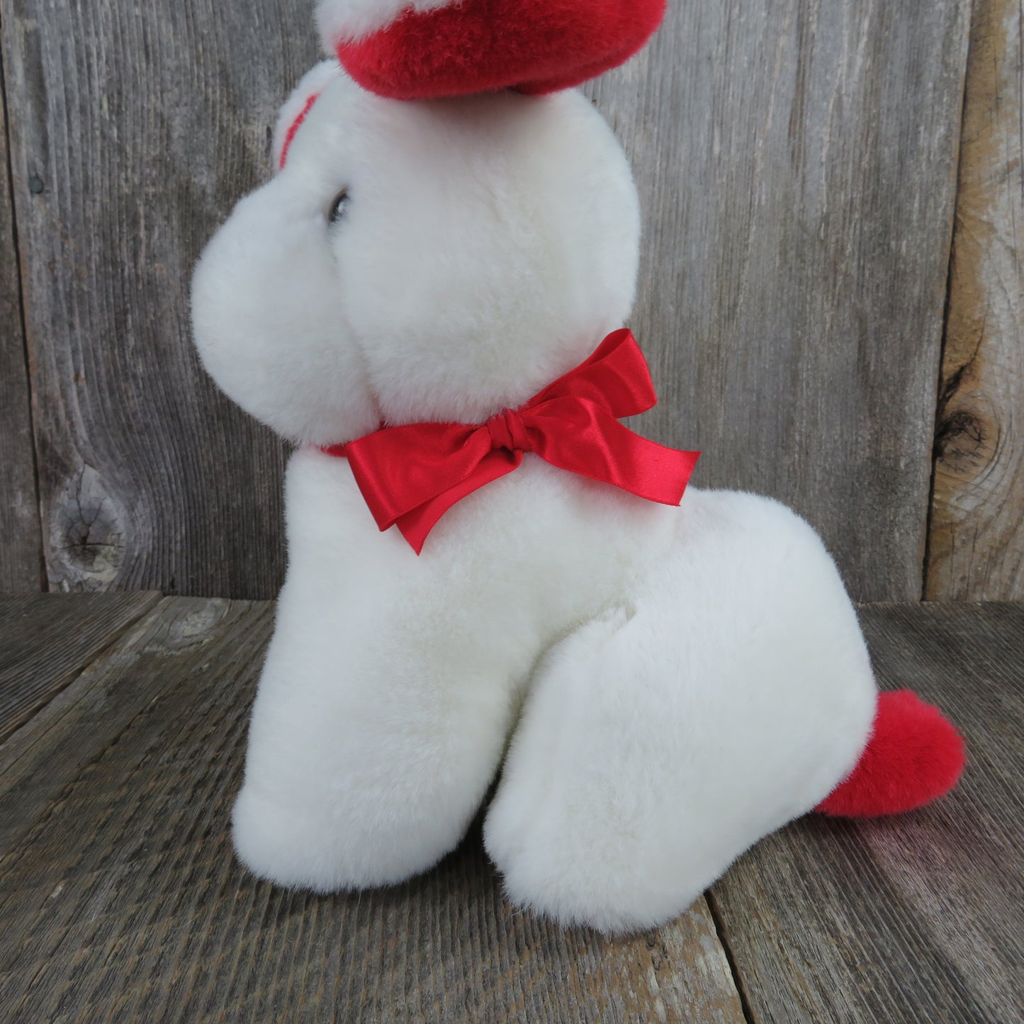 Vintage White Dog Puppy Plush Heart Shaped Flocked Nose Red Ears Mervyn's Playful Plush Red Bow Korea - At Grandma's Table