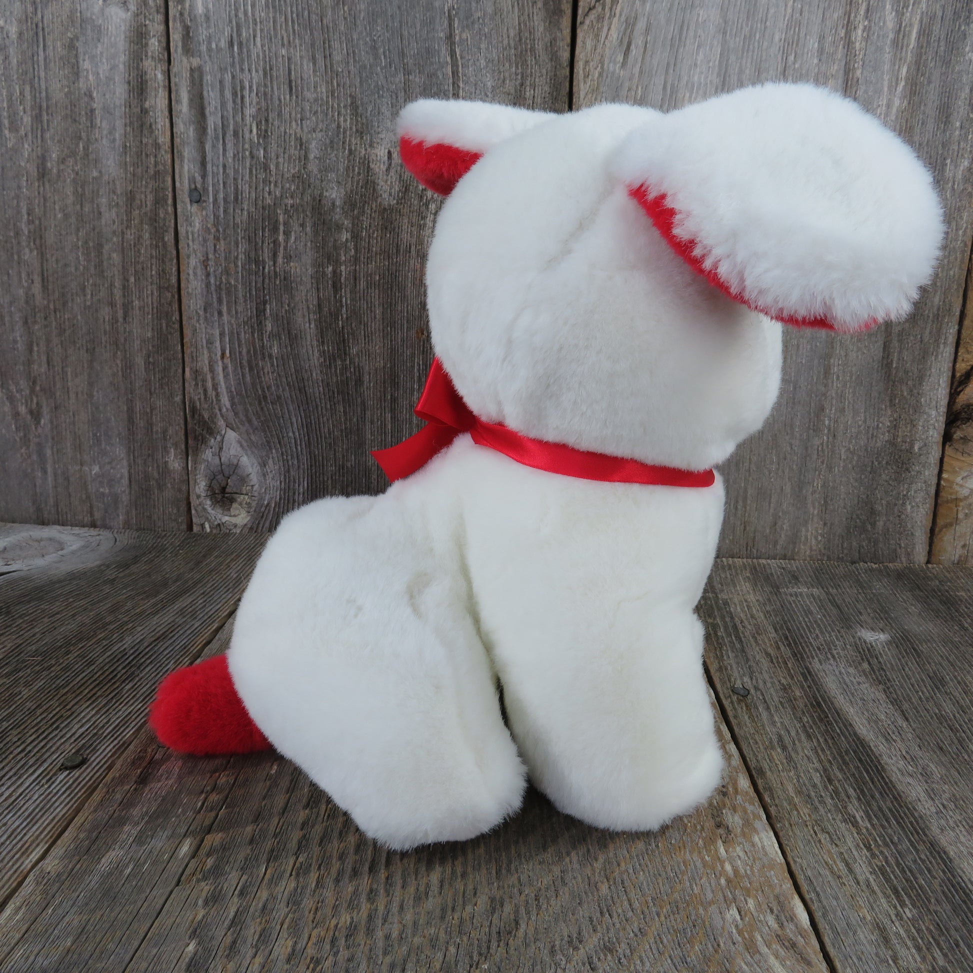 Vintage White Dog Puppy Plush Heart Shaped Flocked Nose Red Ears Mervyn's Playful Plush Red Bow Korea - At Grandma's Table