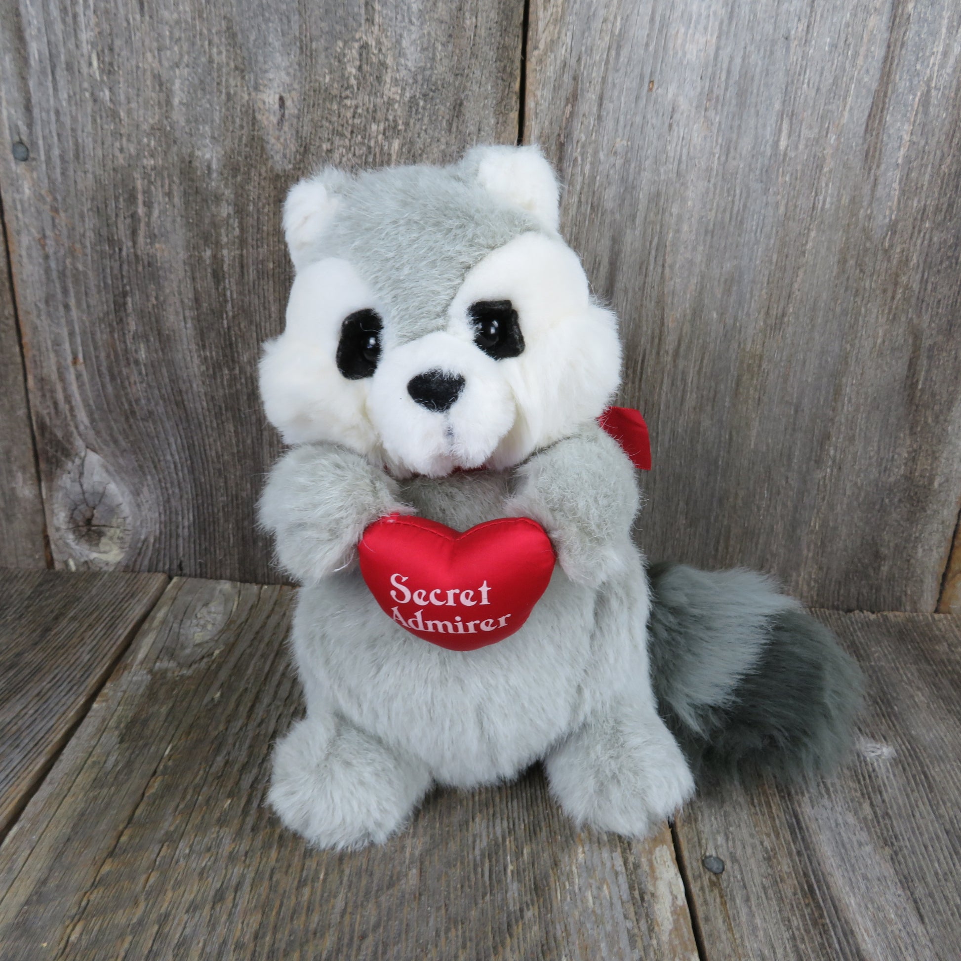 Vintage Raccoon Plush Valentines Heart Secret Admirer Stuffed Animal Gray by Dakin 1994 Grey Black - At Grandma's Table