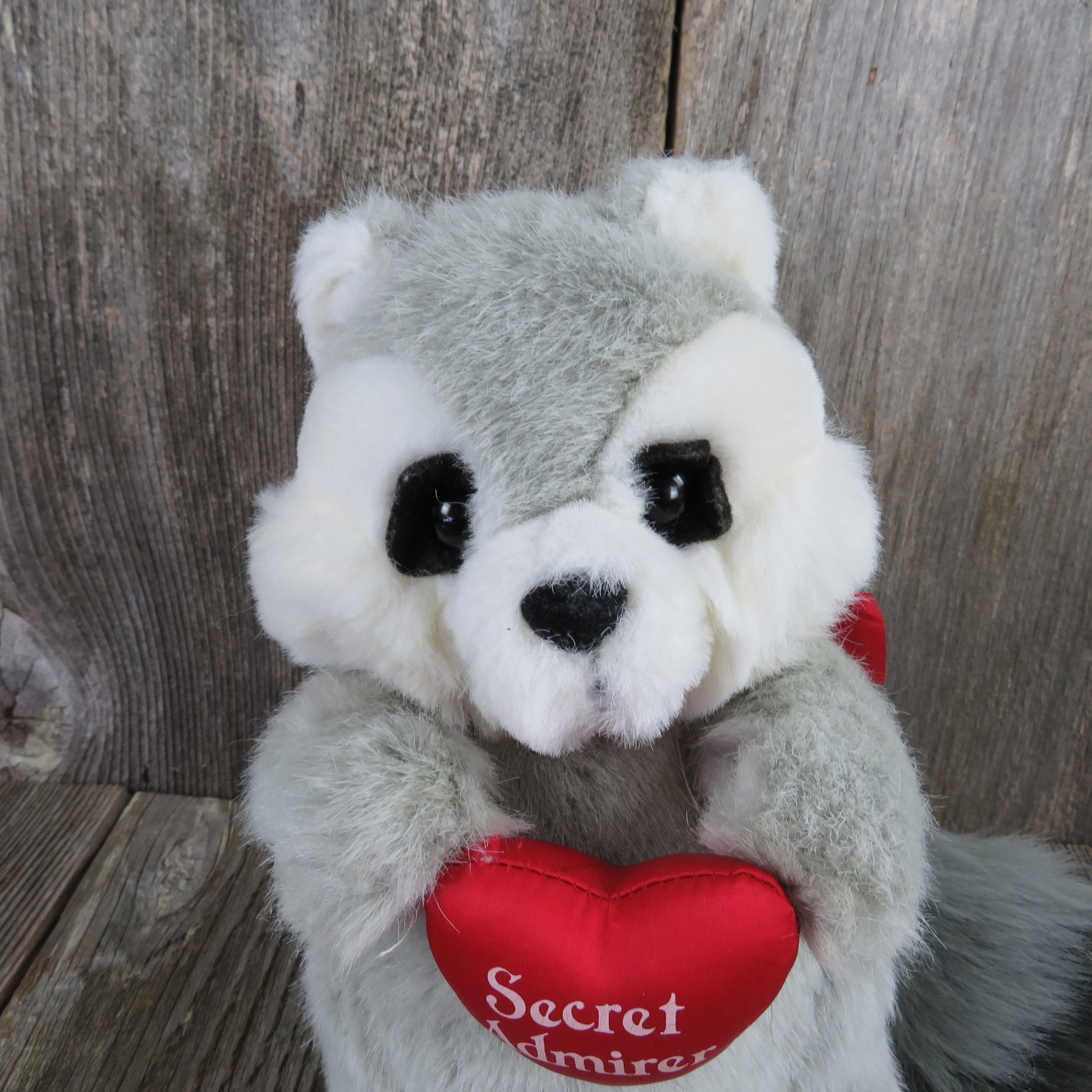 Vintage Raccoon Plush Valentines Heart Secret Admirer Stuffed Animal Gray by Dakin 1994 Grey Black - At Grandma's Table