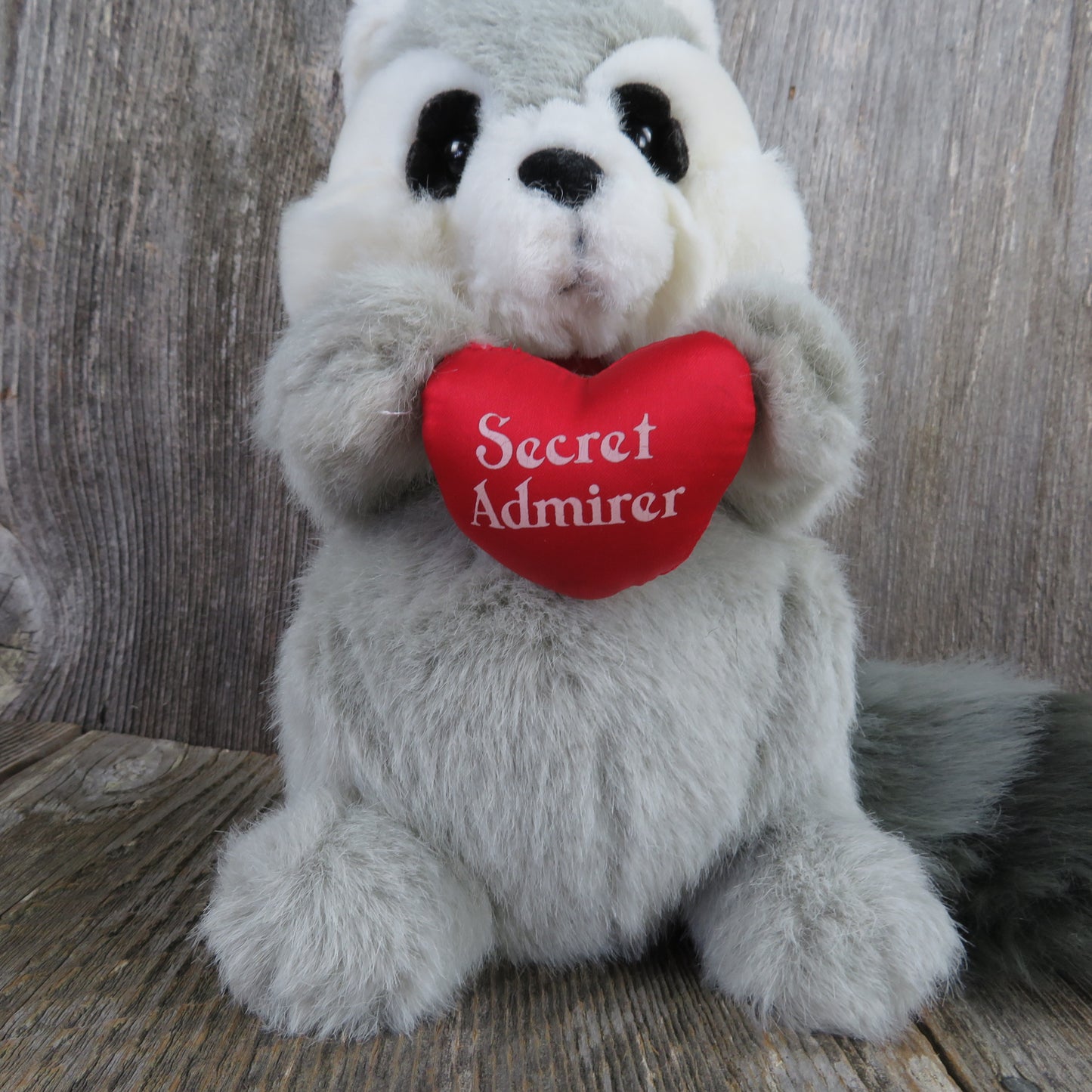 Vintage Raccoon Plush Valentines Heart Secret Admirer Stuffed Animal Gray by Dakin 1994 Grey Black - At Grandma's Table
