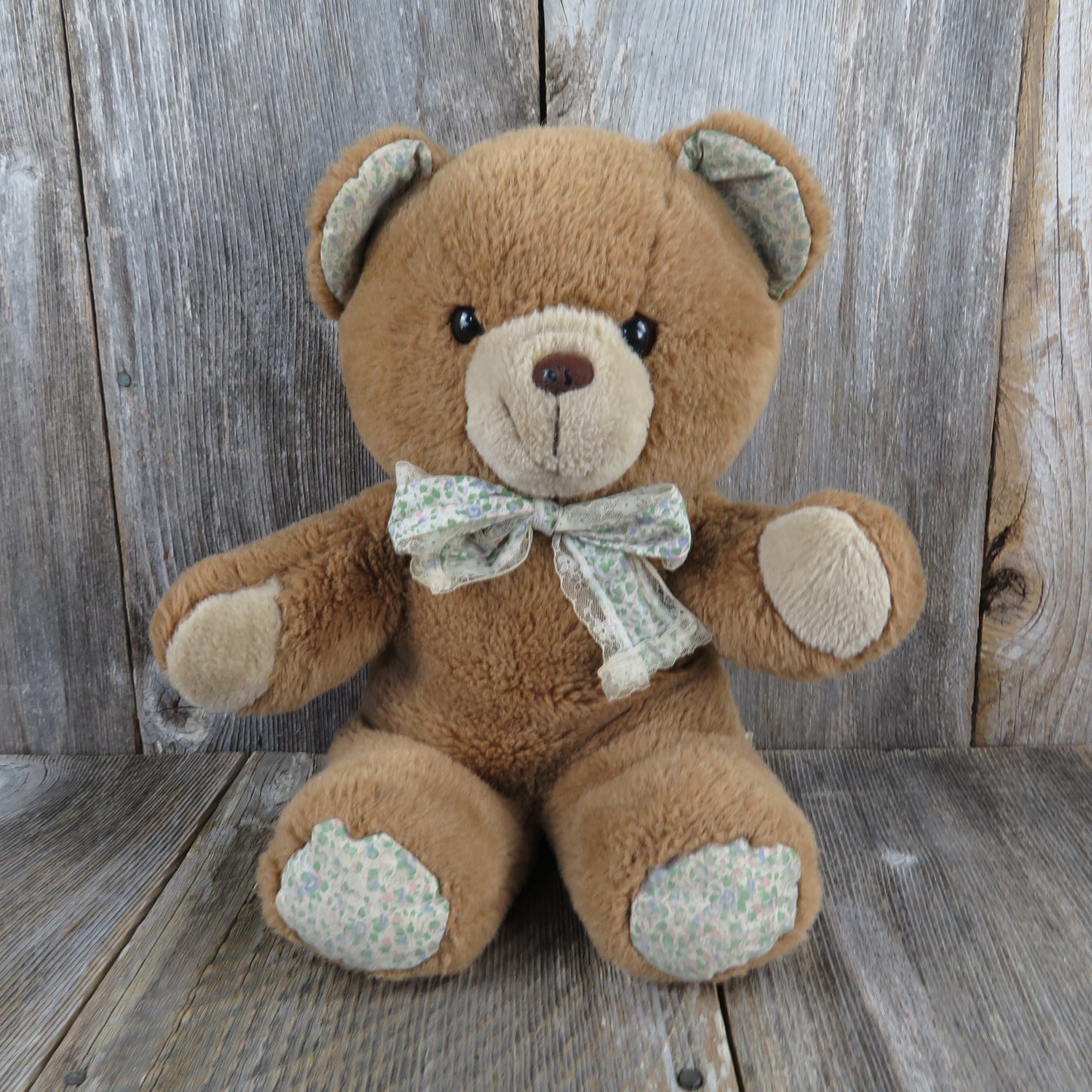 Vintage Teddy Bear Plush Stuffed Animal Flocked Nose Flower Print Bow Commonwealth 1989 - At Grandma's Table