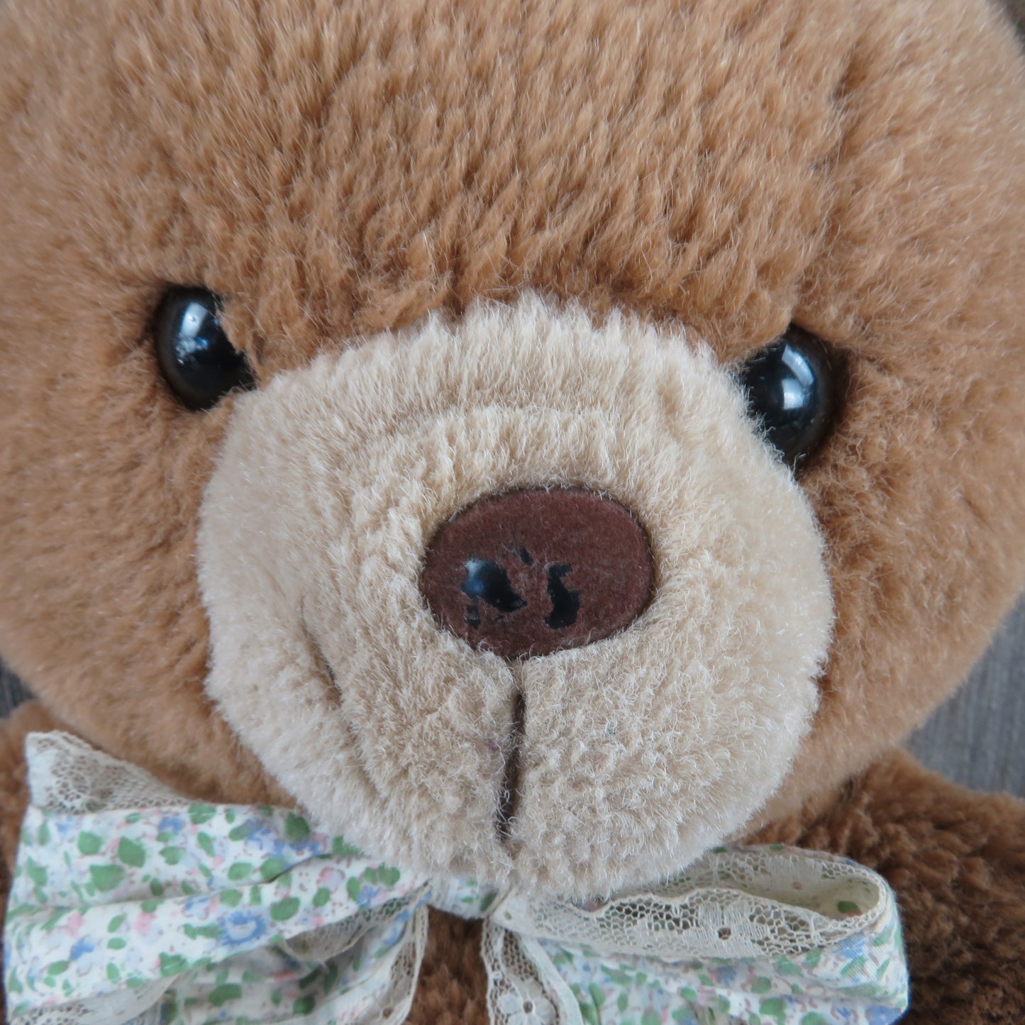 Vintage Teddy Bear Plush Stuffed Animal Flocked Nose Flower Print Bow Commonwealth 1989 - At Grandma's Table