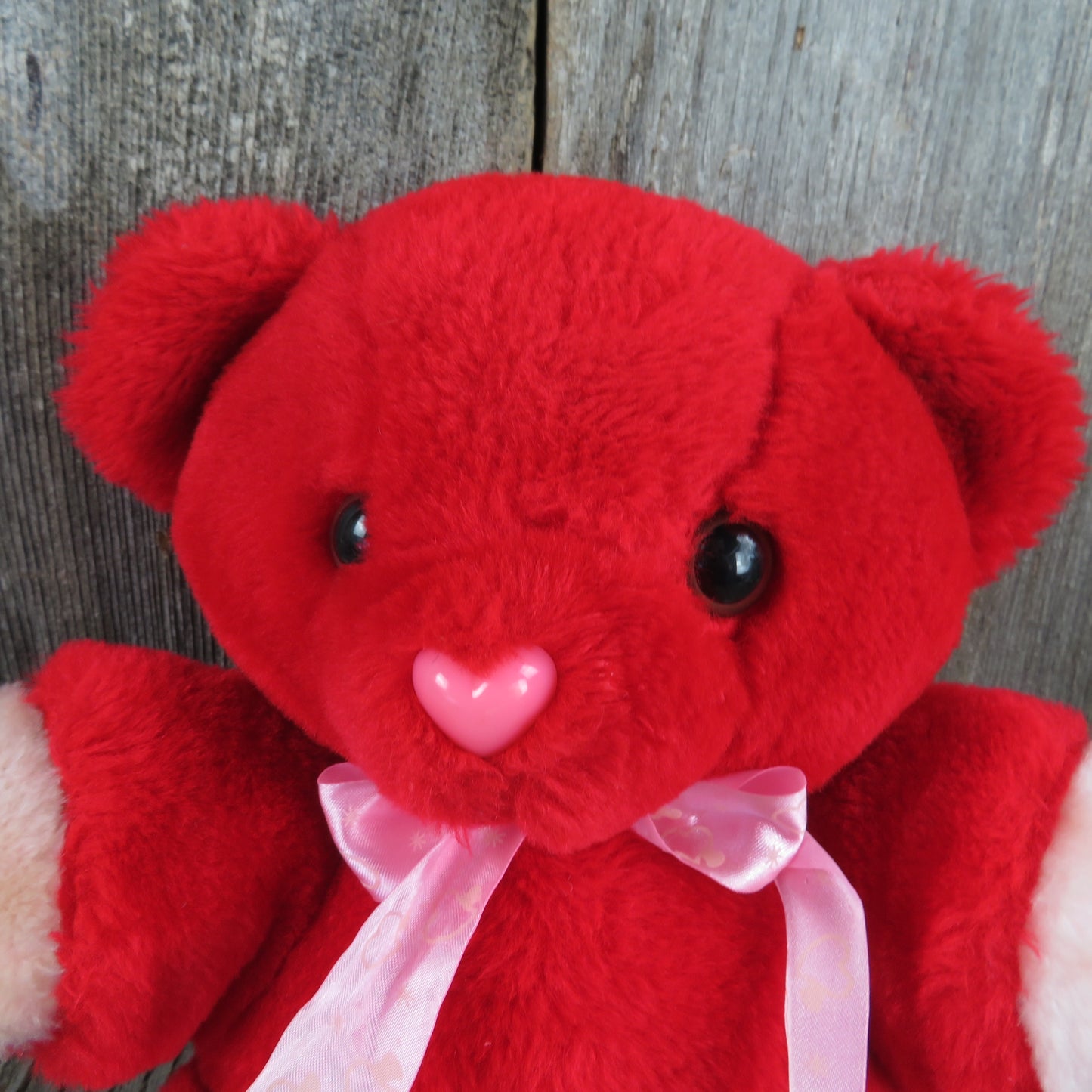 Vintage Red Teddy Bear Plush Stuffed Animal Pink Heart Nose Bow Fun World Valentines Taiwan - At Grandma's Table