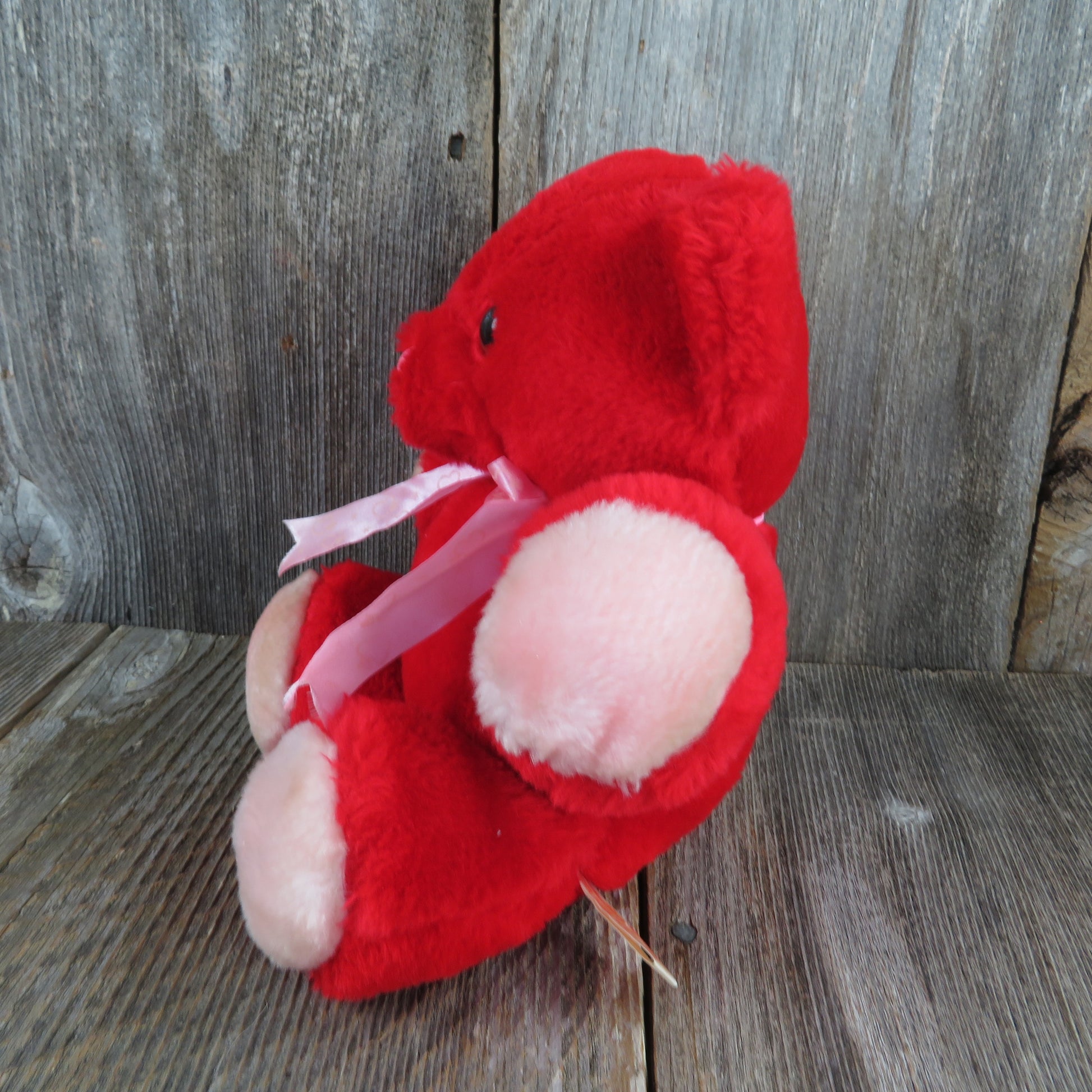Vintage Red Teddy Bear Plush Stuffed Animal Pink Heart Nose Bow Fun World Valentines Taiwan - At Grandma's Table