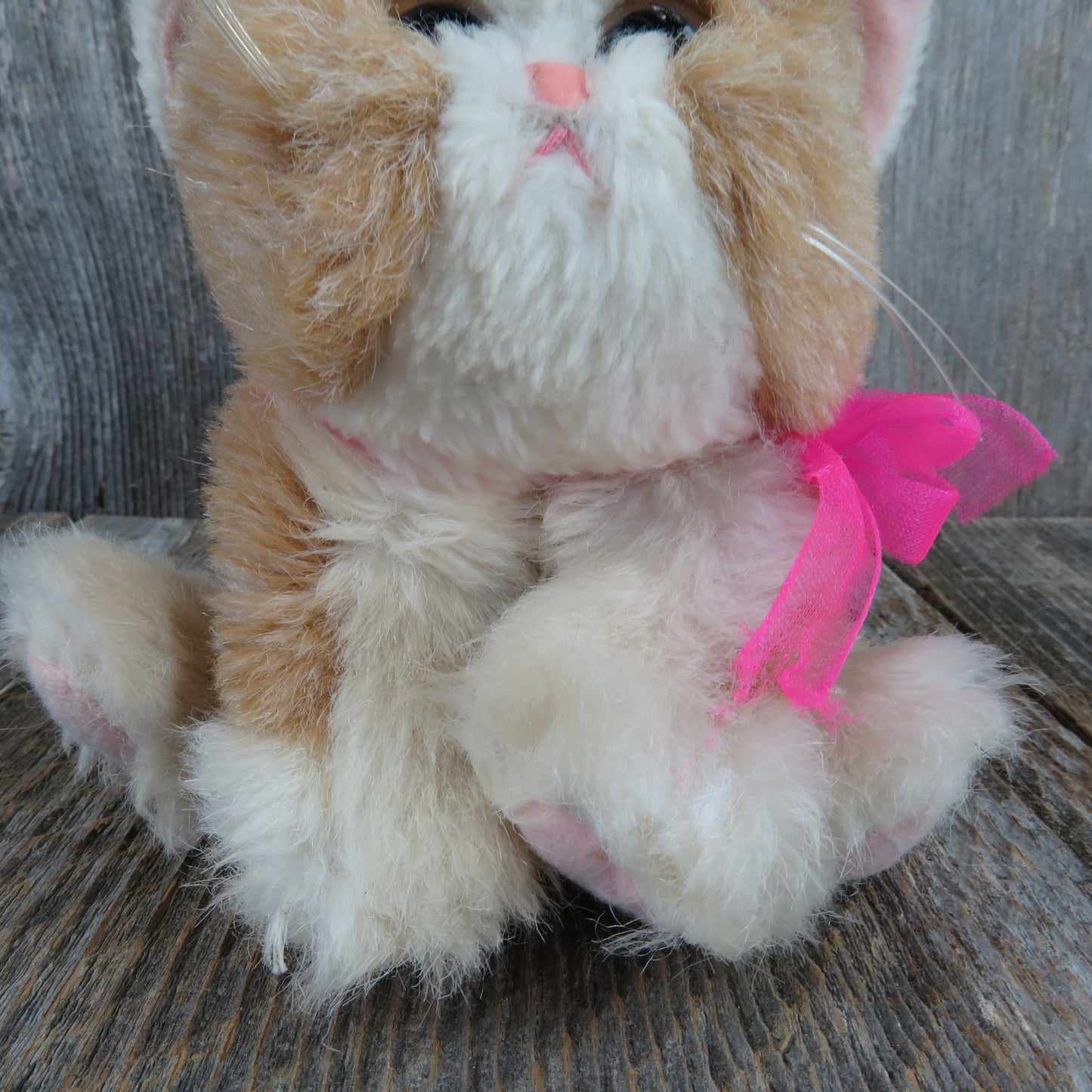 Vintage Baby Kitten Plush Kitty Kitty Cat Stuffed Animal Tyco 1995 Purrs Pink Bow Brown and White - At Grandma's Table