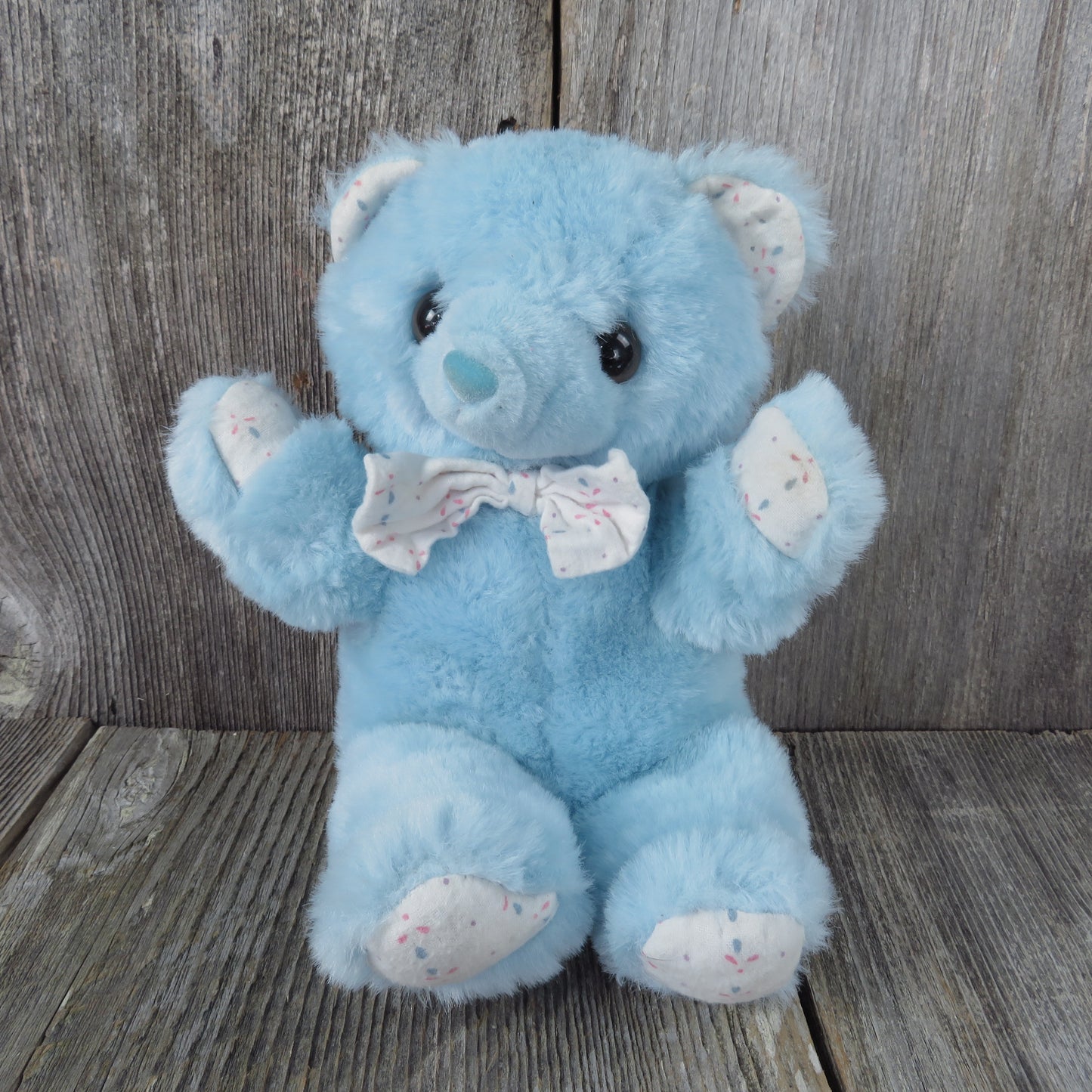 Vintage Blue Teddy Bear Plush Stuffed Animal Flocked Nose White Flannel Bow Tie and Paws Cuddle Wit - At Grandma's Table