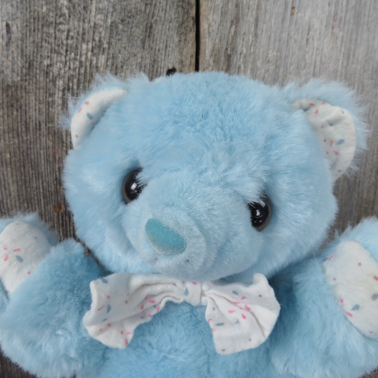 Vintage Blue Teddy Bear Plush Stuffed Animal Flocked Nose White Flannel Bow Tie and Paws Cuddle Wit - At Grandma's Table