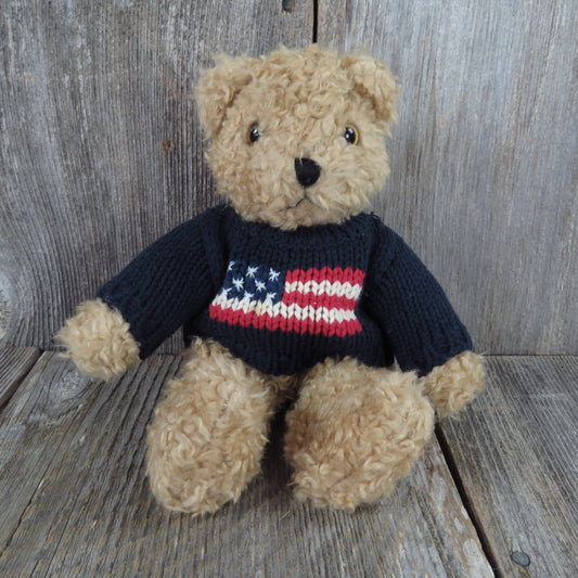 Vintage Teddy Bear Plush Ty Ralph Lauren American Flag Sweater Stuffed Animal Beanie 1990 Korea Curly Red White Blue - At Grandma's Table