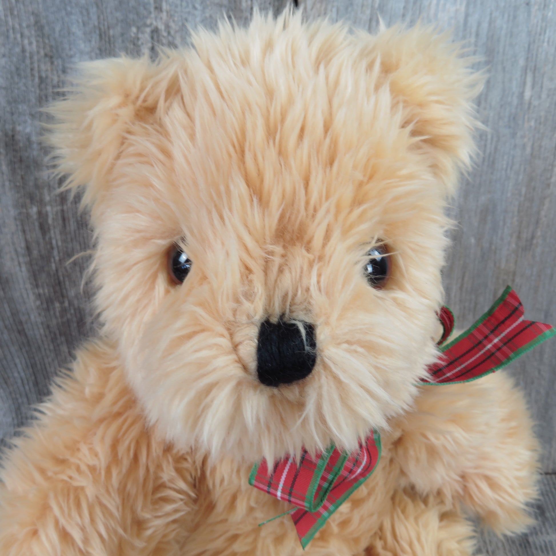 Vintage Jointed Teddy Bear Plush Ty Stuffed Animal Red Plaid Bow Shaggy Tan Christmas 1991 - At Grandma's Table