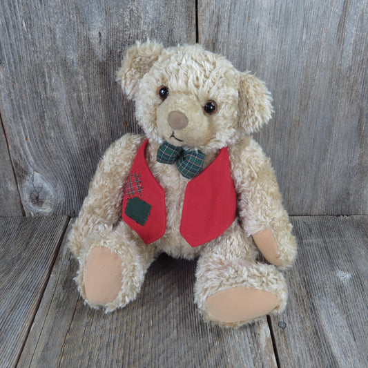 Vintage Teddy Bear Plush Red Green Vest Bow Tie Hallmark Stuffed Animal Christmas Holiday Curly Haired Glass Eyes - At Grandma's Table