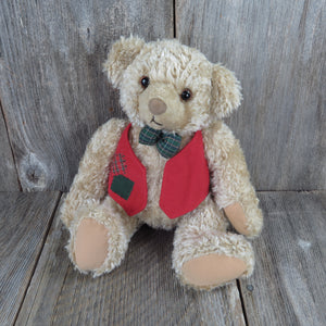 Vintage Teddy Bear Plush Red Green Vest Bow Tie Hallmark Stuffed Animal Christmas Holiday Curly Haired Glass Eyes - At Grandma's Table