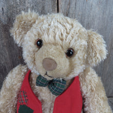 Load image into Gallery viewer, Vintage Teddy Bear Plush Red Green Vest Bow Tie Hallmark Stuffed Animal Christmas Holiday Curly Haired Glass Eyes - At Grandma&#39;s Table