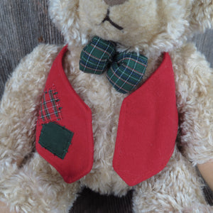 Vintage Teddy Bear Plush Red Green Vest Bow Tie Hallmark Stuffed Animal Christmas Holiday Curly Haired Glass Eyes - At Grandma's Table