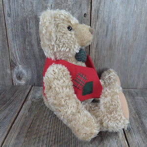 Vintage Teddy Bear Plush Red Green Vest Bow Tie Hallmark Stuffed Animal Christmas Holiday Curly Haired Glass Eyes - At Grandma's Table