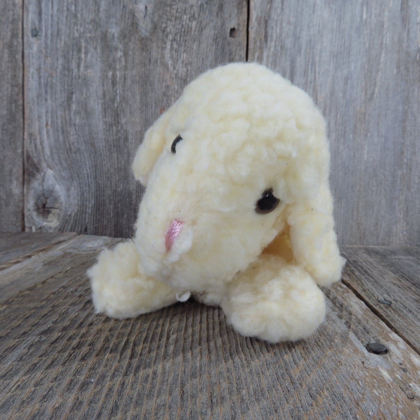 Vintage Lamb Plush Music Box Stuffed Animal Sheep Mary Had a Little Lamb Head Moves Open Eyes Columbia Yellow White - At Grandma's Table