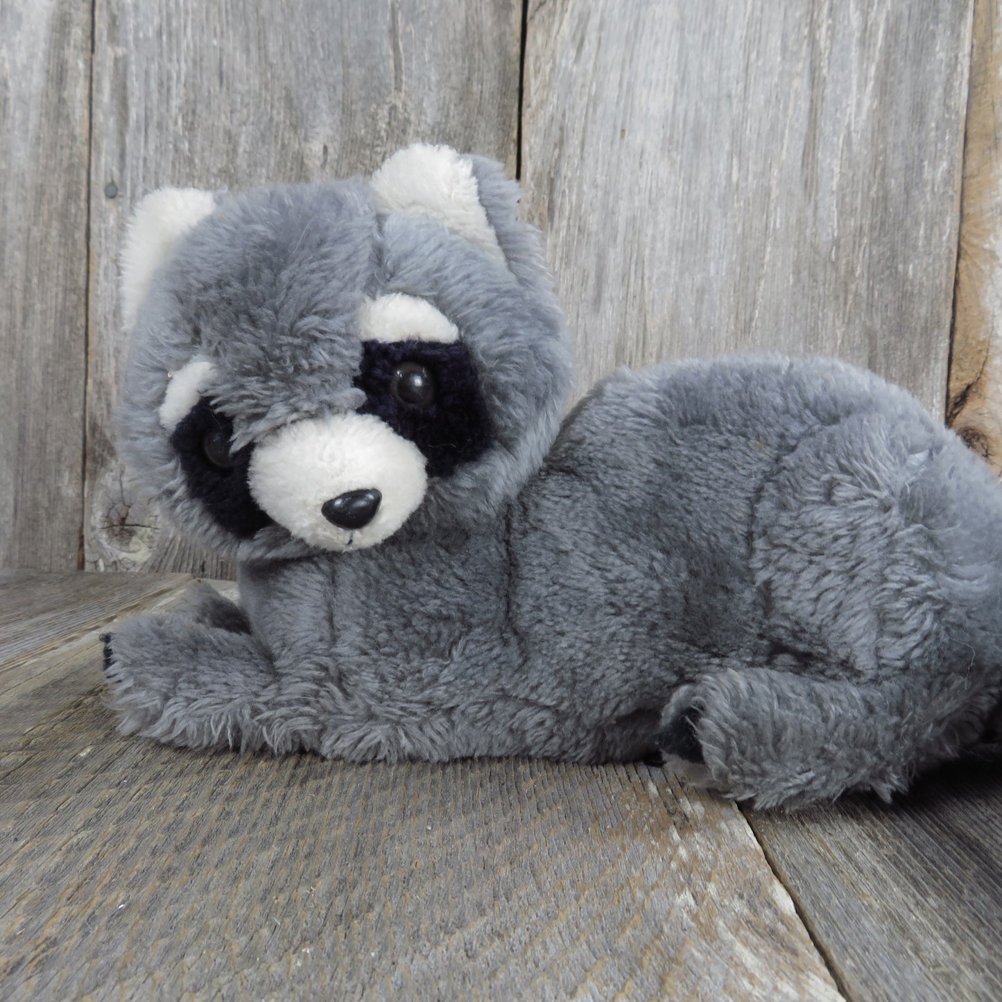 Vintage Raccoon Plush Grey Black Laying Stuffed Animal Gray by Dakin 1975 Korea - At Grandma's Table