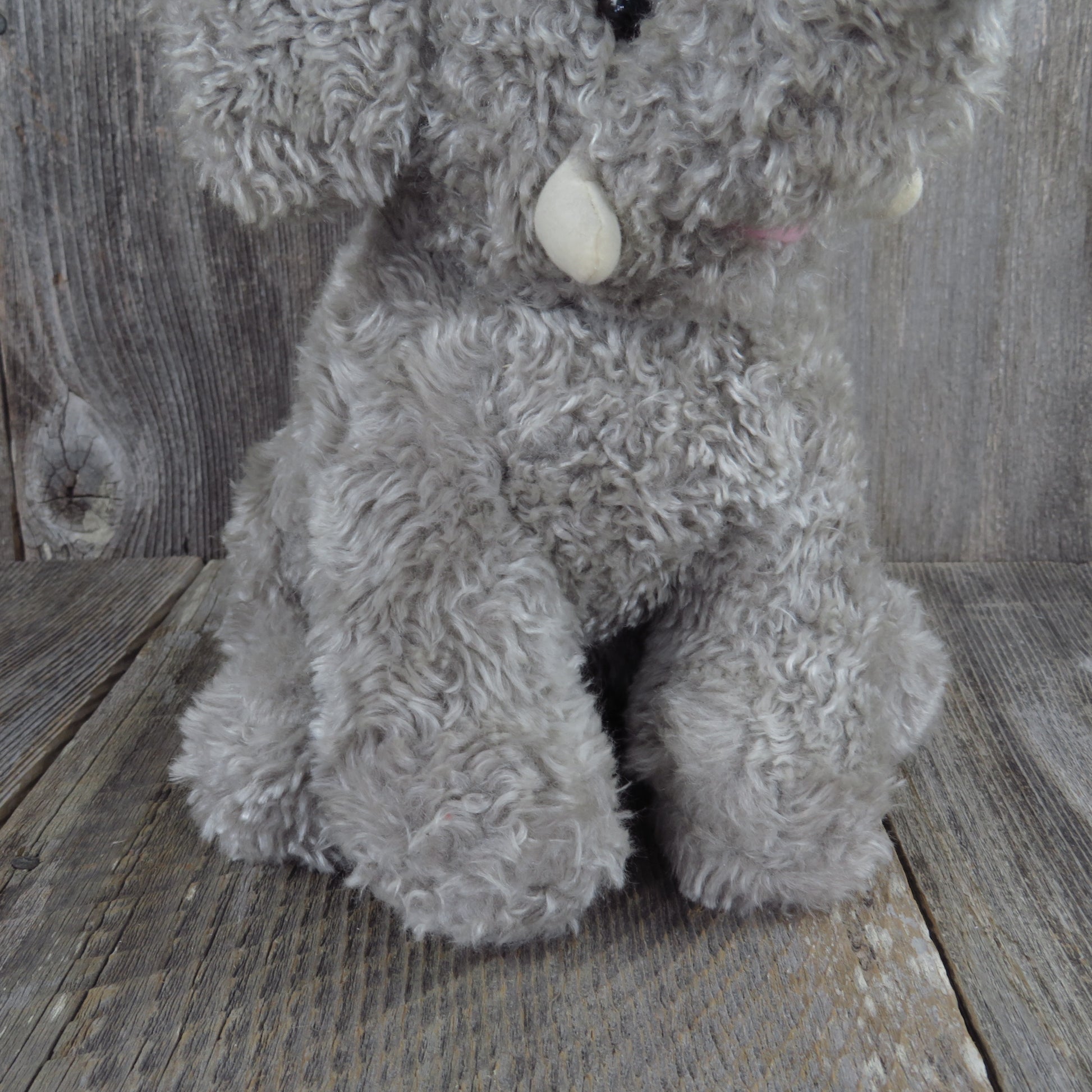 Vintage Elephant Plush Stuffed Animal Tusks Grey Mervyns Playful Plush Curly Hair Gray Korea - At Grandma's Table