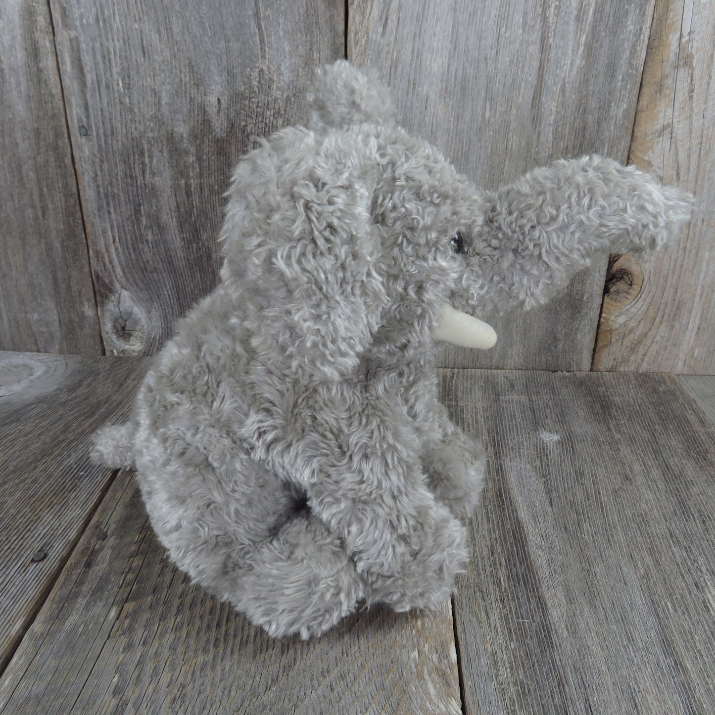 Vintage Elephant Plush Stuffed Animal Tusks Grey Mervyns Playful Plush Curly Hair Gray Korea - At Grandma's Table