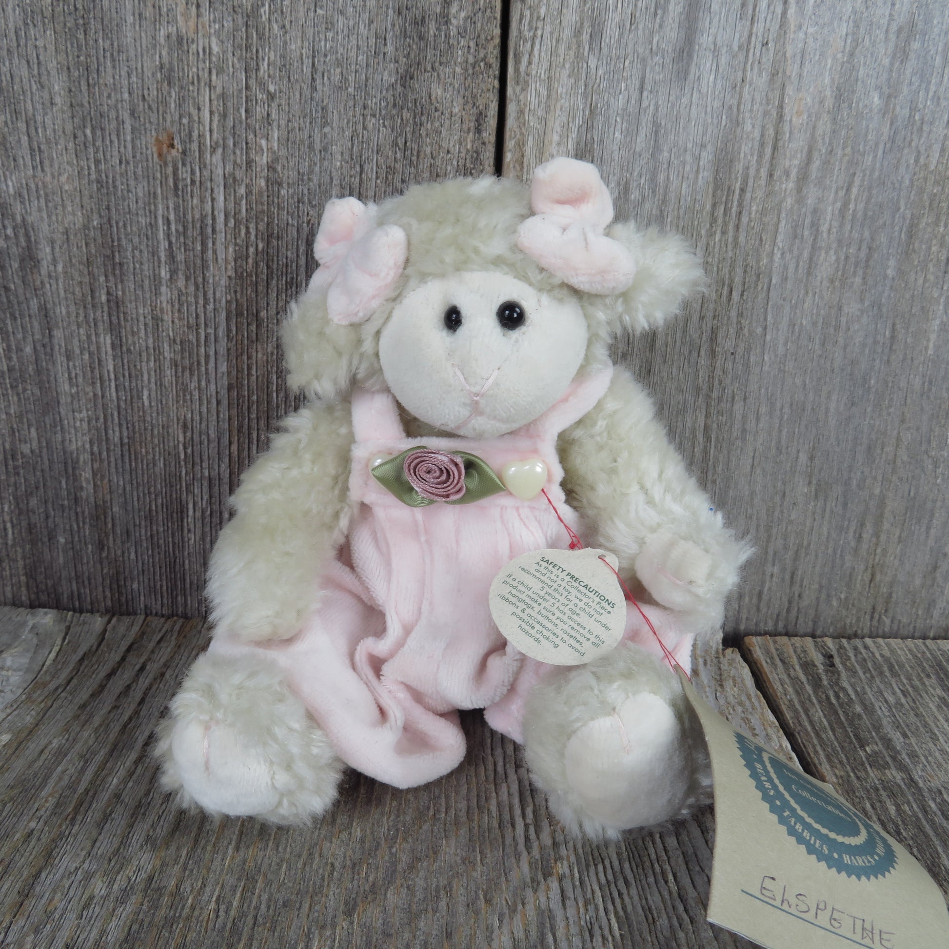 Vintage Lamb Sheep Plush Boyds Pink White Elspethe Jointed Bib Overalls 1996 - At Grandma's Table