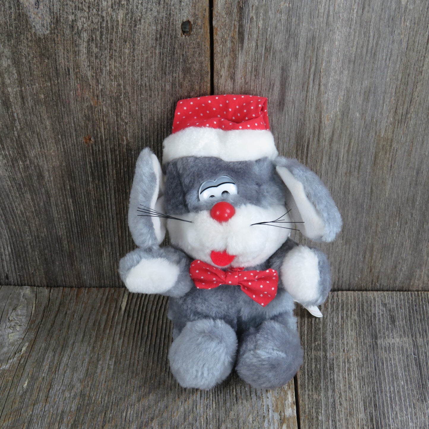 Vintage Mouse Plush Giftco Christmas Grey Red Bow Tie Stuffed Animal Holiday Santa Hat Gray 1990 Polka Dot - At Grandma's Table