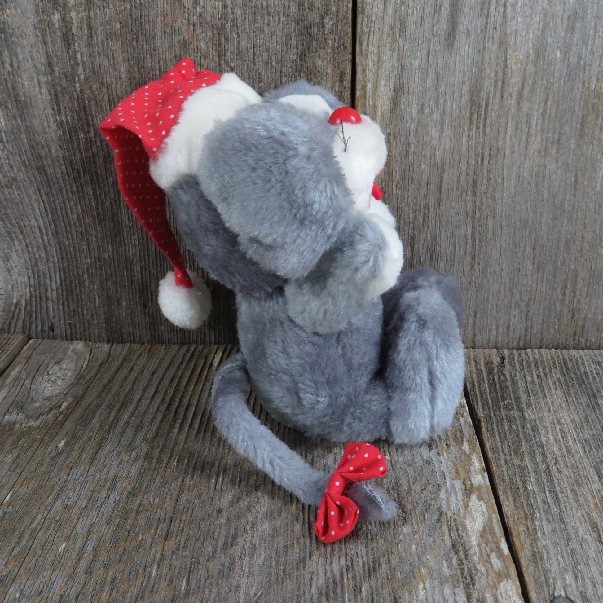 Vintage Mouse Plush Giftco Christmas Grey Red Bow Tie Stuffed Animal Holiday Santa Hat Gray 1990 Polka Dot - At Grandma's Table