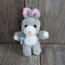 Load image into Gallery viewer, Vintage Bunny Plush Rabbit Grey Short Ears Pink Flocked Nose Blue Ribbon White Belly Joshua Morris Gray Stuffed Animal Easter Mini 1996 - At Grandma&#39;s Table