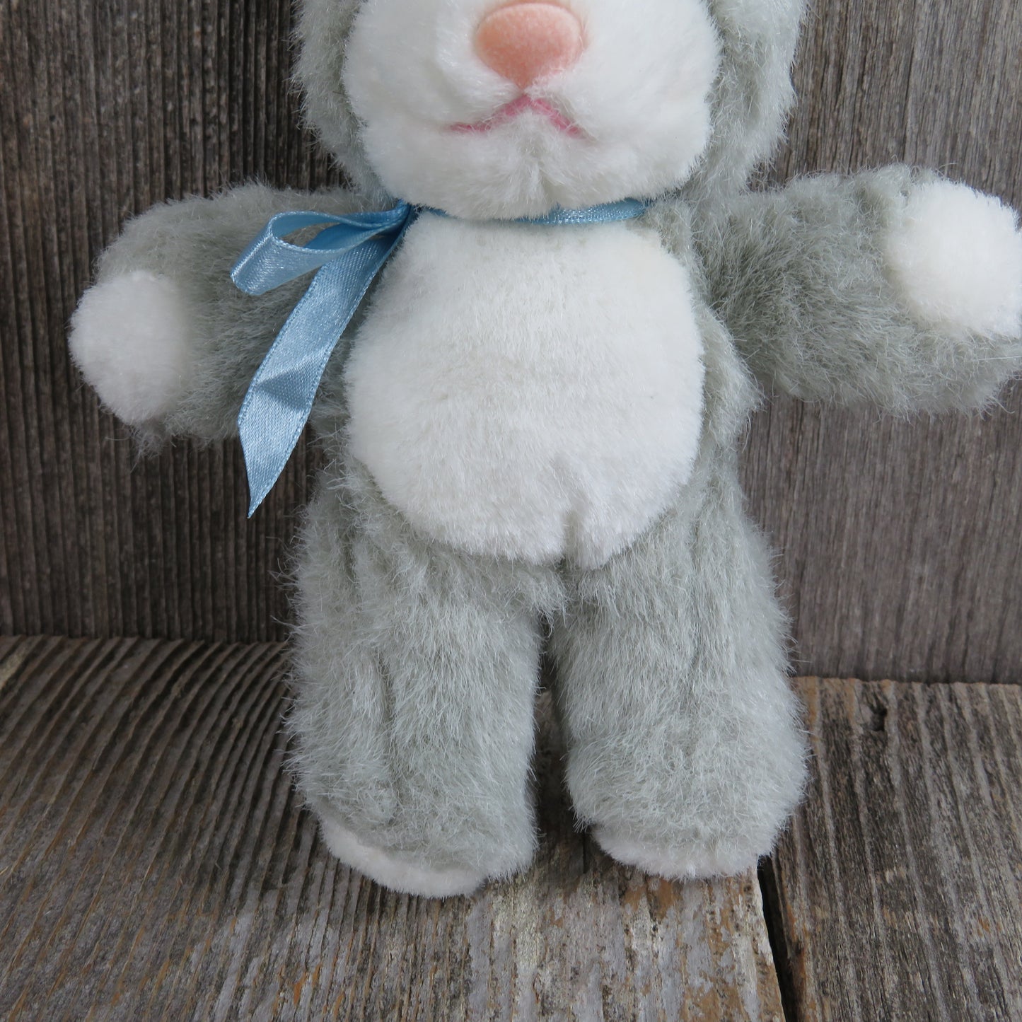 Vintage Bunny Plush Rabbit Grey Short Ears Pink Flocked Nose Blue Ribbon White Belly Joshua Morris Gray Stuffed Animal Easter Mini 1996 - At Grandma's Table