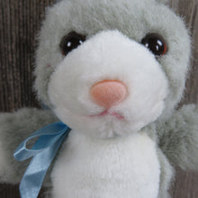 Load image into Gallery viewer, Vintage Bunny Plush Rabbit Grey Short Ears Pink Flocked Nose Blue Ribbon White Belly Joshua Morris Gray Stuffed Animal Easter Mini 1996 - At Grandma&#39;s Table
