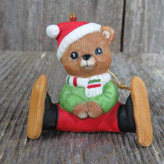 Vintage Teddy Bear on Skis Ornament Snow Shoes Ceramic Homco Christmas Bisque Skates - At Grandma's Table