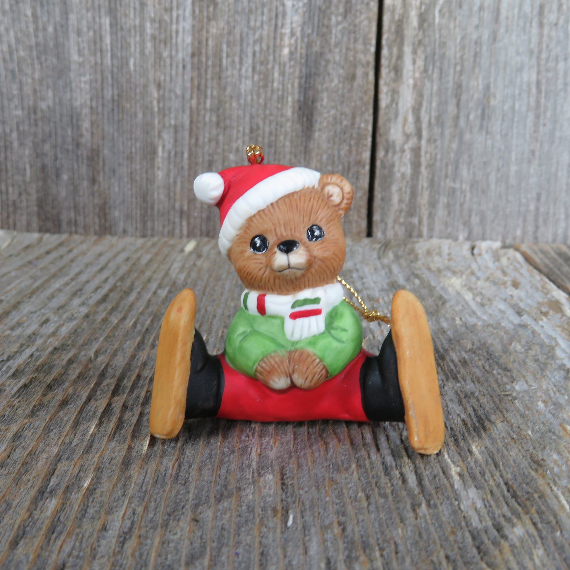 Vintage Teddy Bear on Skis Ornament Snow Shoes Ceramic Homco Christmas Bisque Skates - At Grandma's Table