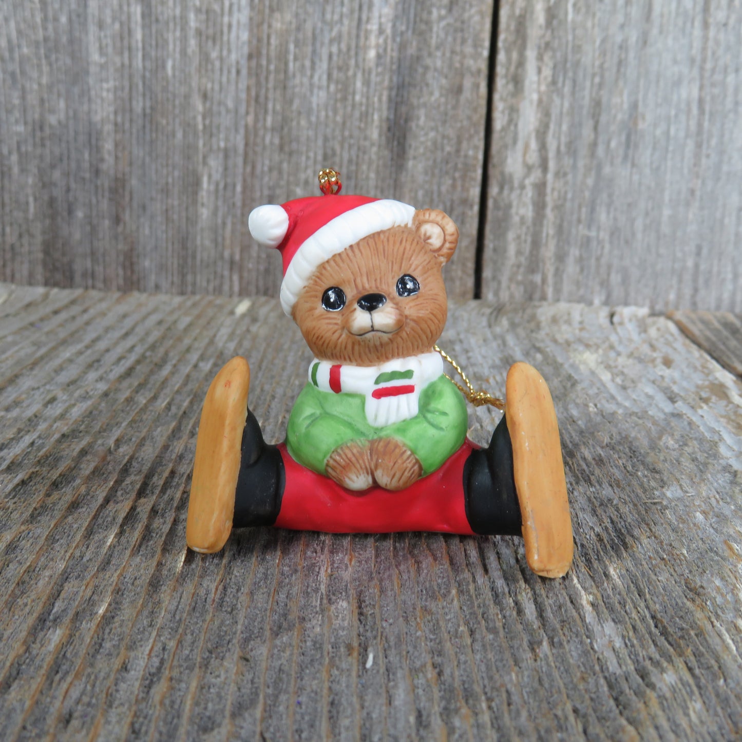 Vintage Teddy Bear on Skis Ornament Snow Shoes Ceramic Homco Christmas Bisque Skates - At Grandma's Table