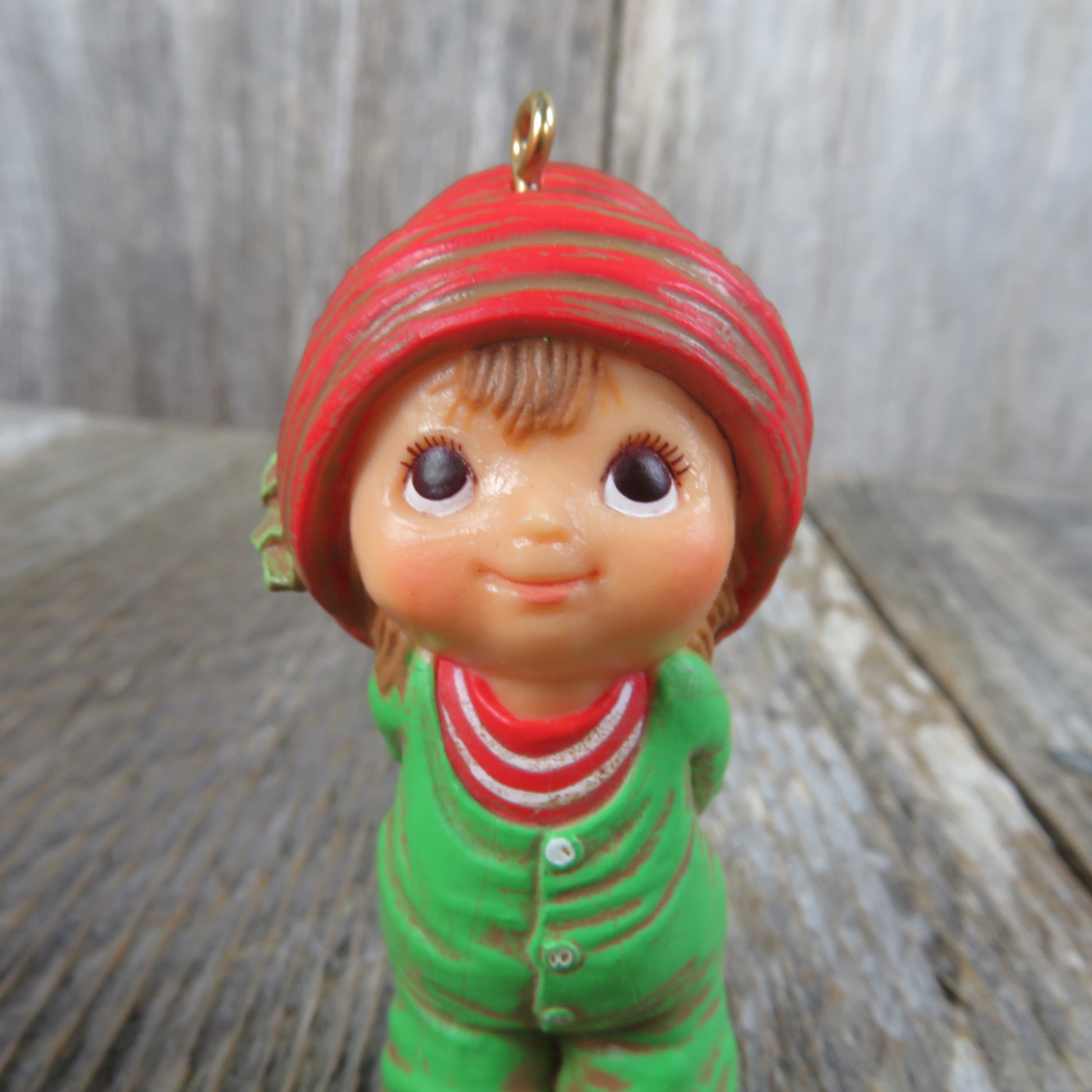 Vintage Elf Child with Present Ornament Hallmark Keepsake Christmas 1984 Red Hat - At Grandma's Table