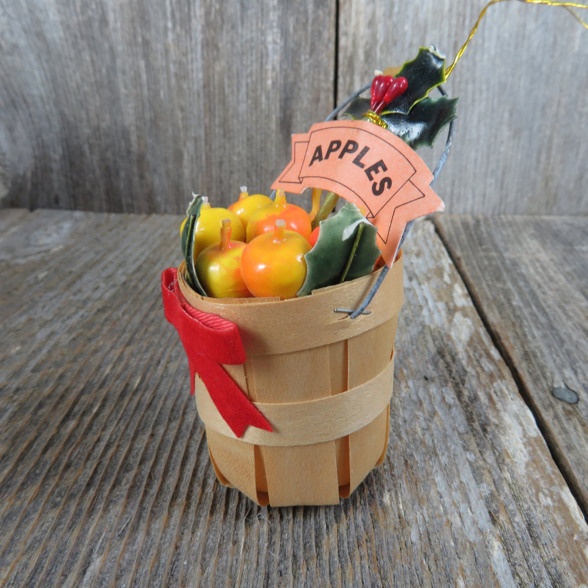 Vintage Basket of Apples Ornament Bushel Fresh Picked Fruit Wooden Christmas Wood - At Grandma's Table
