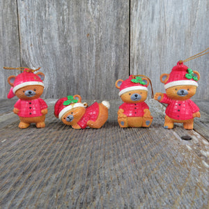 Vintage Teddy Bear Ornament Set Plastic Christmas Red Suit Pajamas Santa Hats Holly Leaves - At Grandma's Table