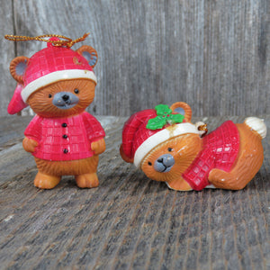 Vintage Teddy Bear Ornament Set Plastic Christmas Red Suit Pajamas Santa Hats Holly Leaves - At Grandma's Table
