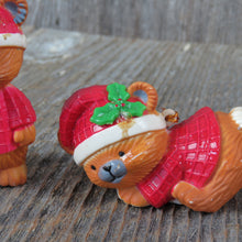 Load image into Gallery viewer, Vintage Teddy Bear Ornament Set Plastic Christmas Red Suit Pajamas Santa Hats Holly Leaves - At Grandma&#39;s Table